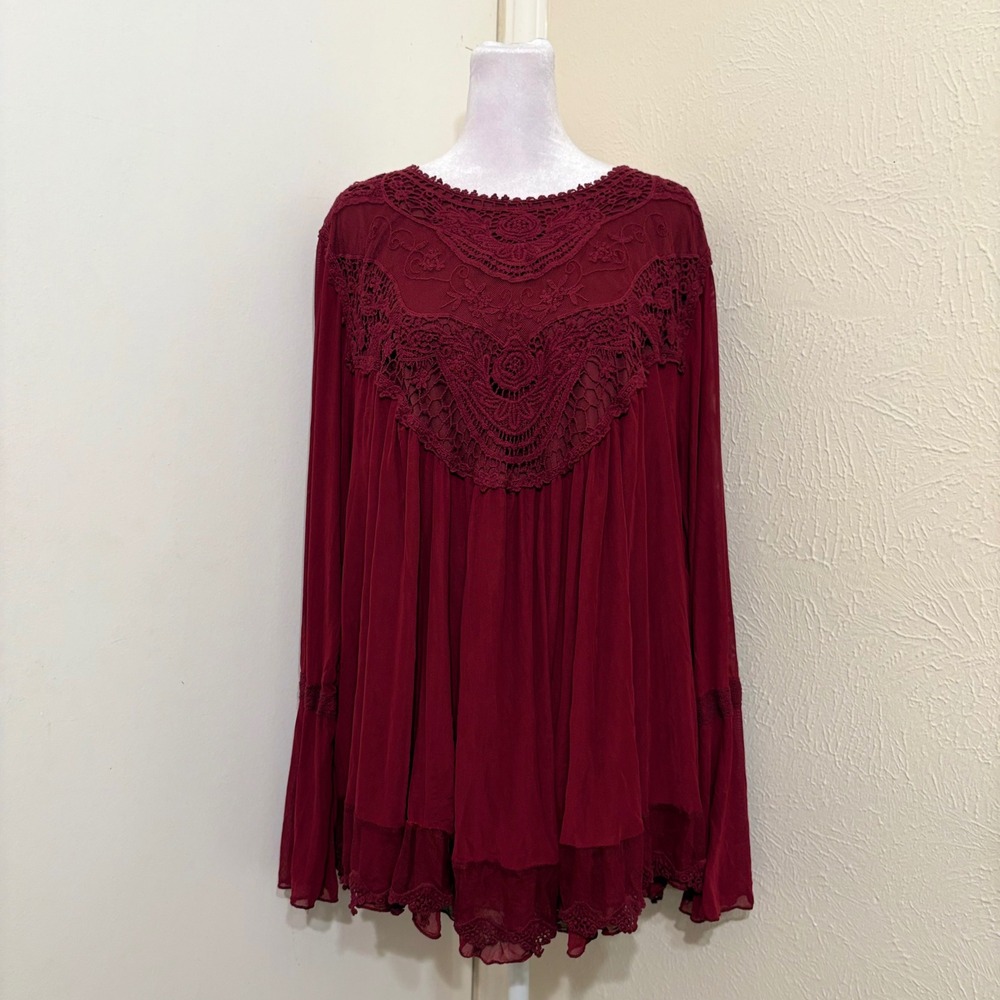 Burgundy Red Bell Sleeve Babydoll Tunic Peasant Top Crochet Lace Whimsigoth 3X